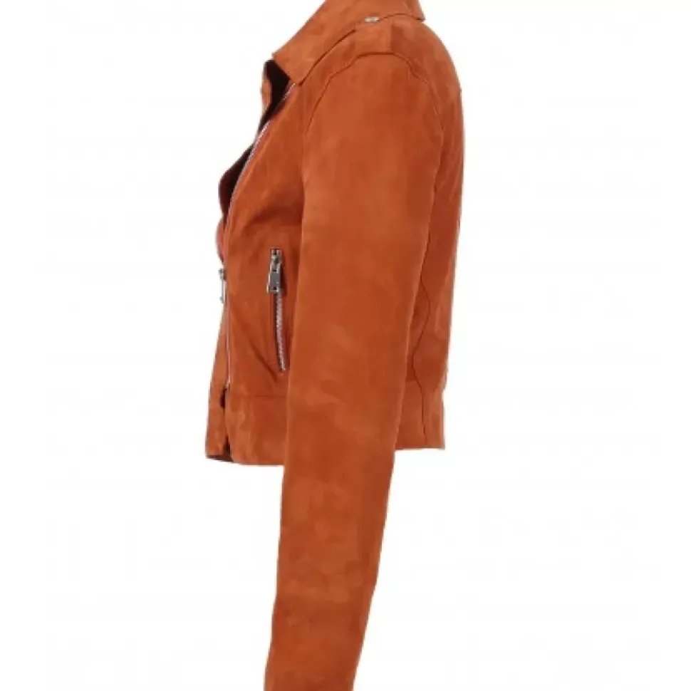 OAKWOOD Blousons^Zulina Orange- Blouson Biker Court Cuir Veritable Chevre Velours