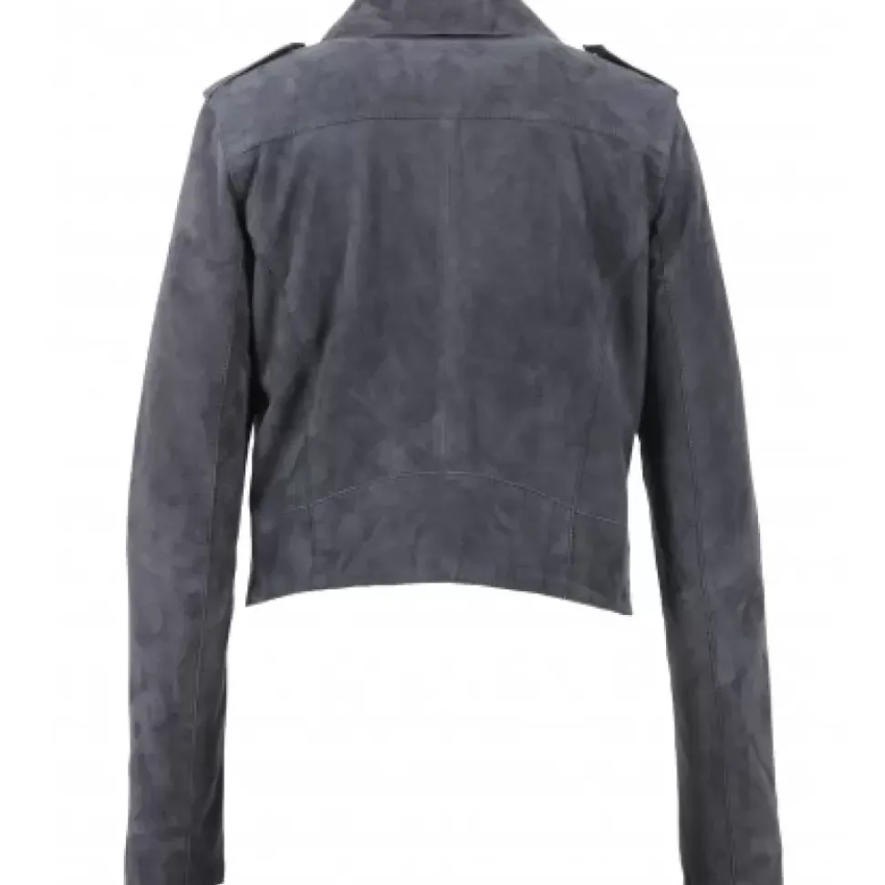 OAKWOOD Blousons^Zulina Petrole - Blouson Biker Court Cuir Veritable Chevre Velours