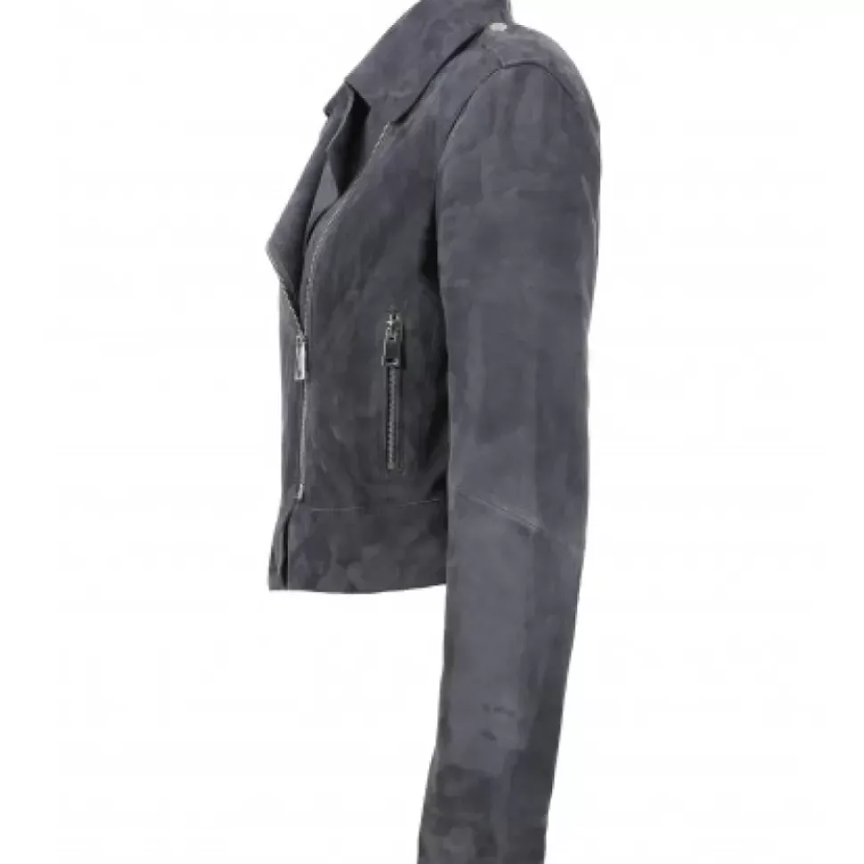 OAKWOOD Blousons^Zulina Petrole - Blouson Biker Court Cuir Veritable Chevre Velours